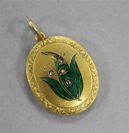 An early 20th century yellow metal, enamel and rose cut diamond set oval locket, 28mm.